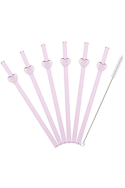 Choice3 pink 6pcs Reusable Glass Straw with Brush Multicolored Heart-shaped S...