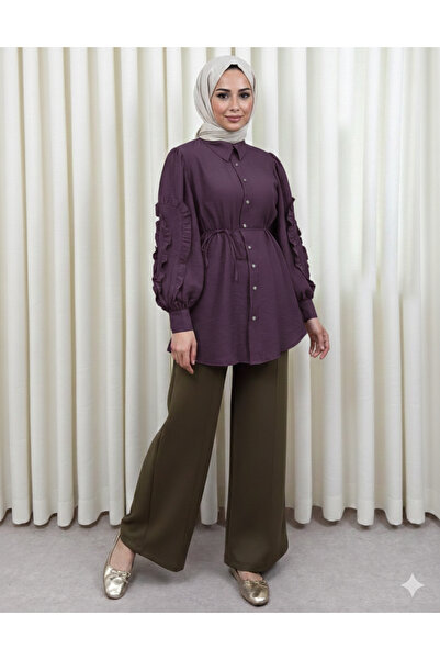 bellura Kolu Fırfırlı Taşlı Düğmeli Gömlek