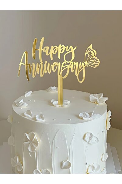 Choice 3pcs Gold 3pcs Modern "Anniversary" PMMA Cake Topper - Mirror Gold Acr...