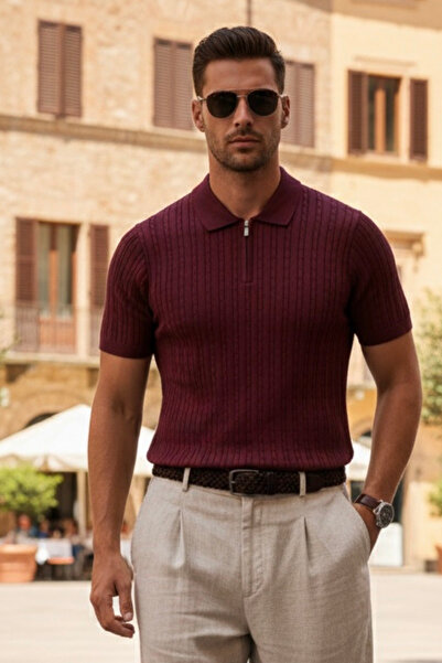 Maccali Чоловіча модна смугаста бордова футболка з поло-коміром