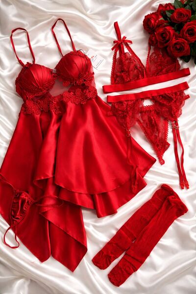 cdh çeyize dair herşey Kırmızı İpeksi Saten Gecelik ve İç Giyim Çeyiz Seti 6 ...