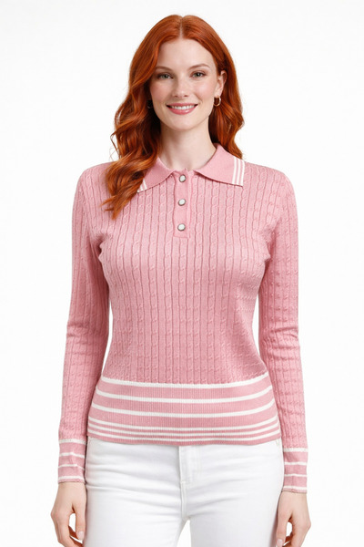 Neden Tekstil Polo Collar Hair Knit Patterned Striped Knitwear Sweater
