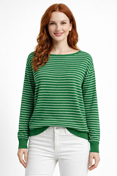 Neden Tekstil Boat Neck Striped Side Slit Comfortable Cut Knitwear Sweater