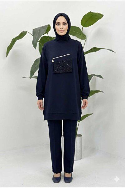 Puane Women's Pocket Cover Stone Embroidered Zipper Detailed Tunic 10768