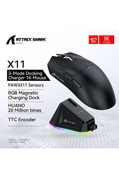 Choice ماوس لاسلكي X11 أسود من نوع Attack Shark X11، اتصال ثلاثي الأوضاع، Pix...