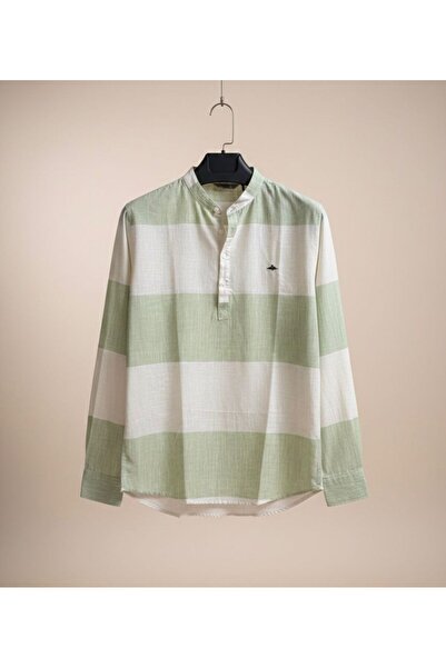 BAROS Orijinal Keten Gömlek Yarım Düğmeli Yatay Desenli