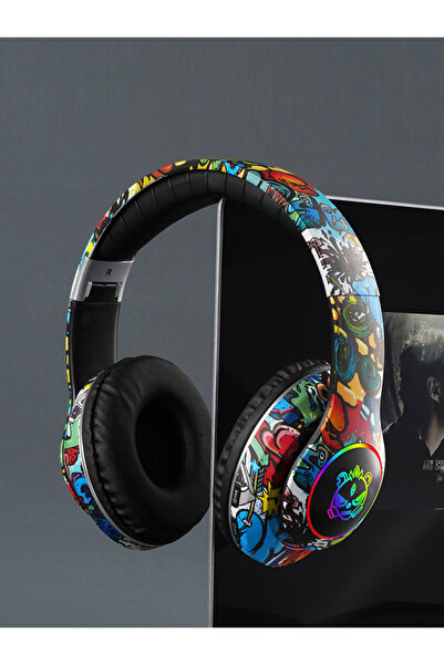 Choice سماعة رأس بلوتوث سوداء قابلة للطي بتصميم جرافيتي، مزودة بزر مدمج لسهول...
