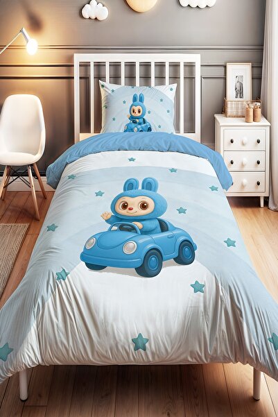 EVPANYA Blue Pofi Patterned Single Baby Kids Bedding Set with Trolley