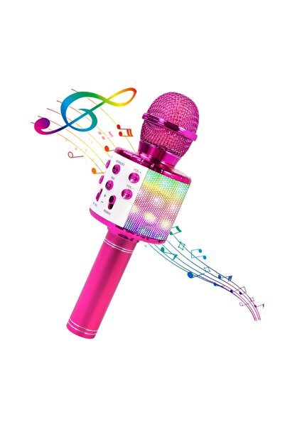 Choice4 ميكروفون كاريوكي لاسلكي 4 في 1 من دوتريو، وردي اللون، مزود بإضاءة LED...