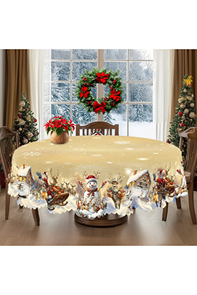 Choice1 Round (180)Cm S593 1 Piece Merry Christmas Themed Gold Printed Tablec...
