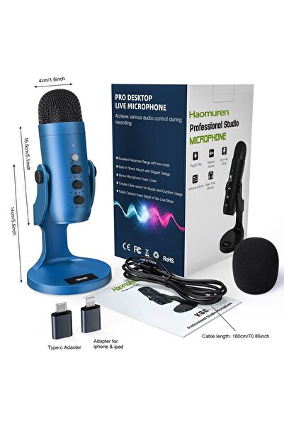 Choice ميكروفون مكثف احترافي أزرق اللون، يعمل بمنفذ USB، لتسجيل الاستوديوهات،...