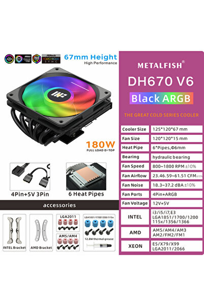 Choice As shown As shown DH670 Black ARGB METALFISH DH670 Low Profile CPU Coo...