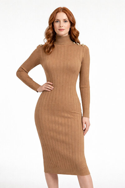 Neden Tekstil Shoulder Button Detailed Ribbed Knit Dress