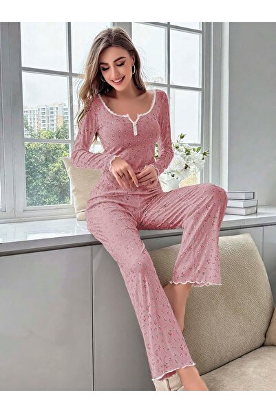 Bleu Petite Set de pijamale de damă din bumbac cu detalii cu model