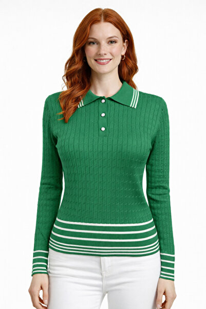 Neden Tekstil Polo Collar Hair Knit Patterned Striped Knitwear Sweater