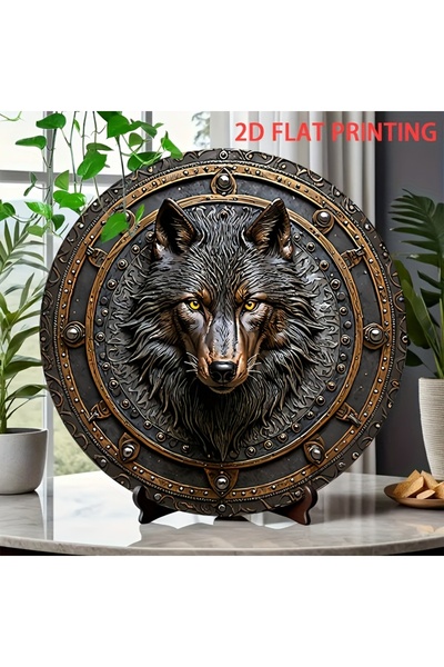 Choice لوحة جدارية معدنية دائرية مسطحة ثنائية الأبعاد برأس ذئب، مقاس 20×20 سم...