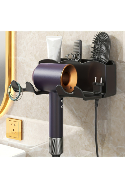 Choice1 حامل مجفف شعر أسود قطعة واحدة، يُثبت على جدار الحمام بدون حفر، رف تخز...