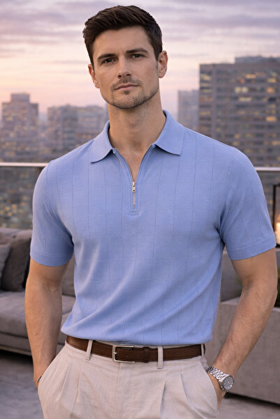 Maccali Men's Striped Premium Blue Knitwear Polo Neck T-Shirt