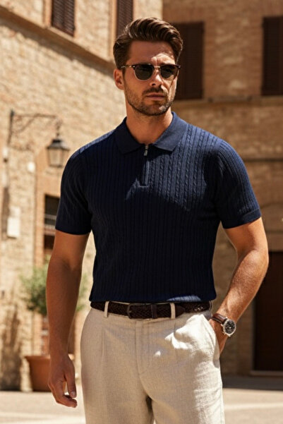Maccali Чоловіча модна смугаста темно-синя футболка з поло-коміром