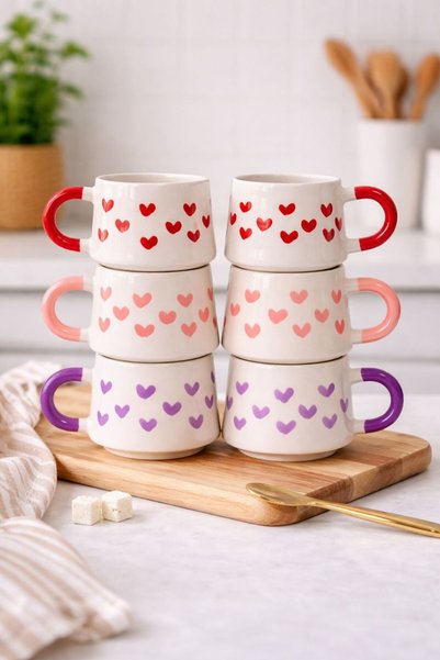 touchmughm Set of 6 Heart-Shaped Ceramic Coffee Cups with Colorful Handles