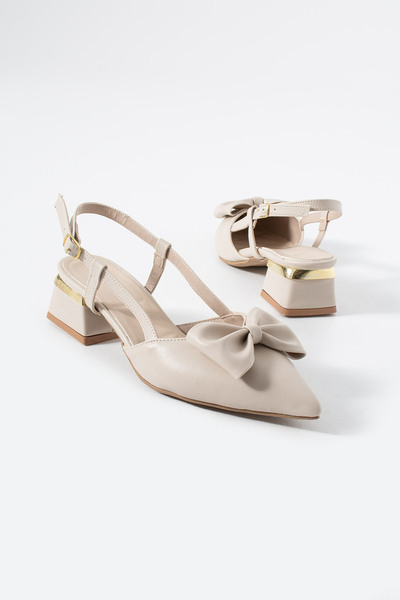 MUFUMA Women's Beige Bow Detailed Short Block Heeled Shoes