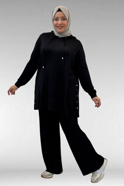 Eslina 67034 Plus Size Suit with Combed Cotton Trousers and Side Pockets - Black