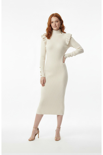 Neden Tekstil Slim Fit Knitwear Dress with Shoulder Ruffles and Button Detailing