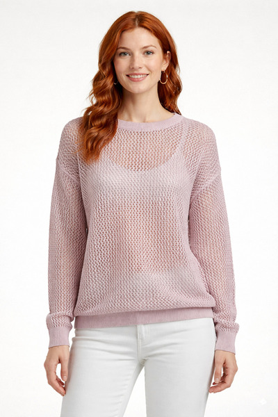 Neden Tekstil Women's Crew Neck Mesh Knit Perforated Knitwear Sweater