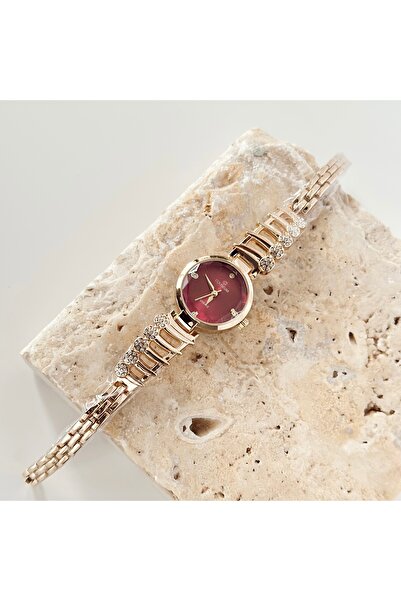 Vesce Atelier Işıltı Series Gold Watch Claret Red