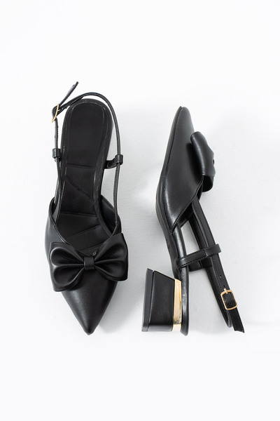 MUFUMA Women's Black Bow Detailed Short Block Heeled Shoes