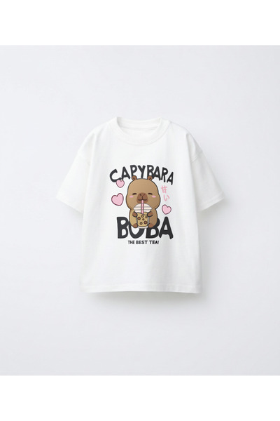 Let's Wear Tricou premium Capybara pentru fete, 100% bumbac, cu guler tip bic...
