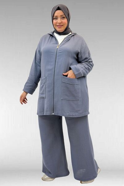 Eslina 67035 Large Size Hooded Zippered Muslin Pants Set - Anthracite