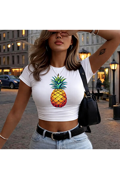 Toum Belt Length White Crop Top with Pineapple Print