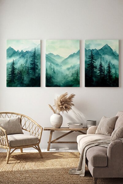 ART NEST DEKOR SİSLİ YEŞİL ORMAN DESENLİ 3'LÜ CANVAS TABLO