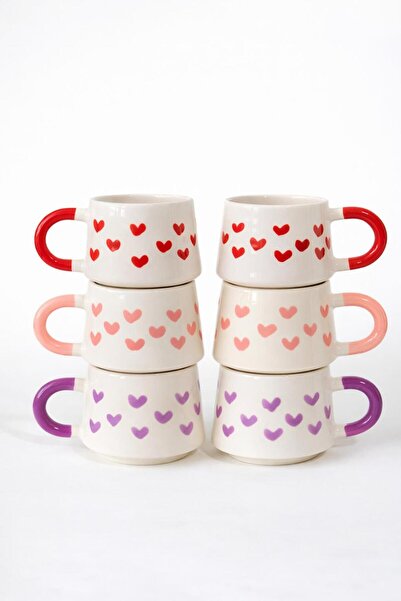 touchmughm Set of 6 Heart-Shaped Ceramic Coffee Cups with Colorful Handles