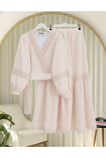 COjans Lace Detailed Tie-Up Sleeve Elastic Waist Skirt Set - Beige