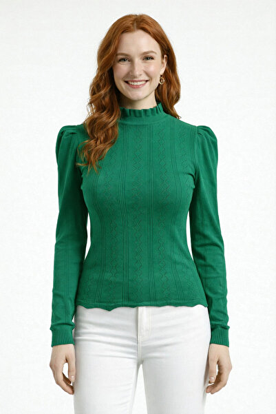 Neden Tekstil Women's Stand Collar Ruffle Detailed Puffy Sleeve Ribbed Knit S...