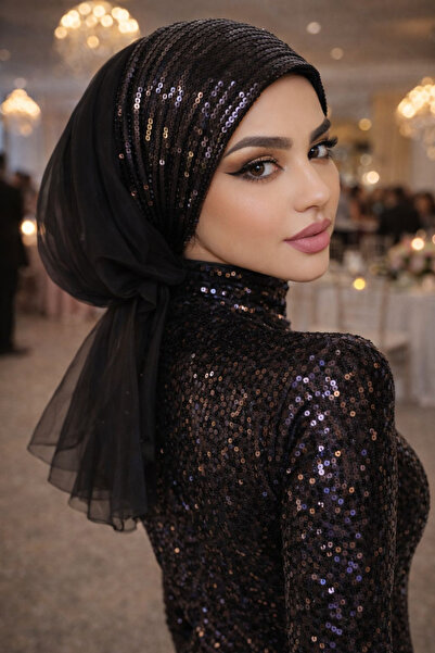 Aişe tesettür Siyah Payetli Tül Abiye Tokalı Bone