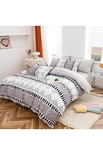 decorami Lenjerie pat dublu cu Elastic, bumbac satinat, Gri, forme geometrice