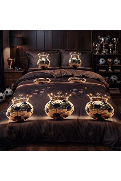 CumparaMisim Double bed linen with Stretchy, satin Cotton , brown, soccer ball