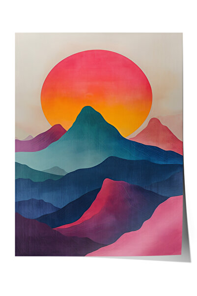 Zestia Poster premium cu munți stratificați și soare, peisaj abstract colorat...