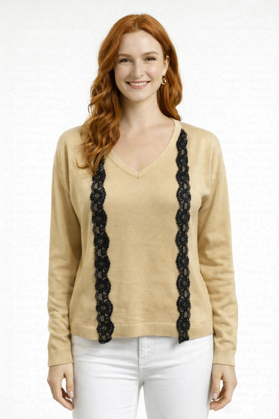 Neden Tekstil V-Neck Vertical Lace Detailed Knitwear Sweater