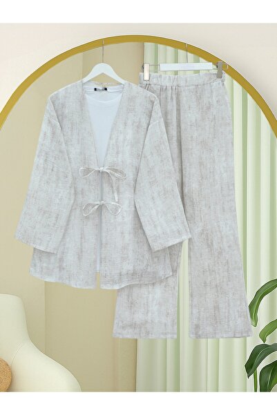 Modamorfo Linen Kimono Set with Tie-Front Pants - Stone
