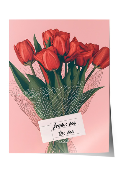 Zestia Poster premium cu fundal roz, buchet de lalele roșii, decor modern pen...