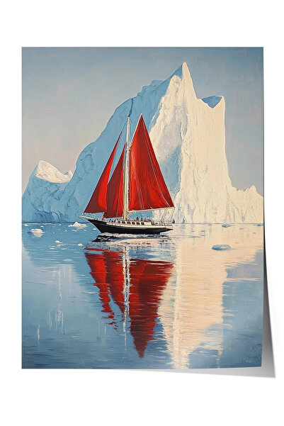 Zestia Poster premium cu barca cu pânze roșie în mijlocul munților de gheață,...