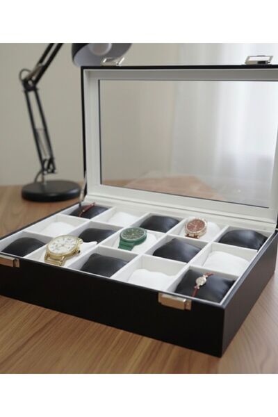 zyc Premium 15-Slot Fully Leather Covered Stylish Design Watch Storage Box with Glass Cover Size (34X24X8)Cm