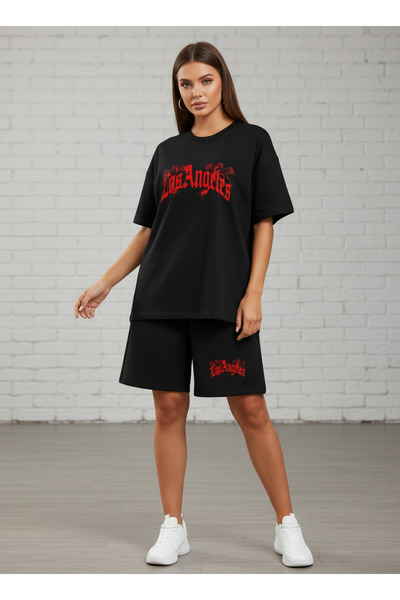 ship master Women's Oversize Los Angeles Red Printed Shorts 2-Piece Set – Bla...