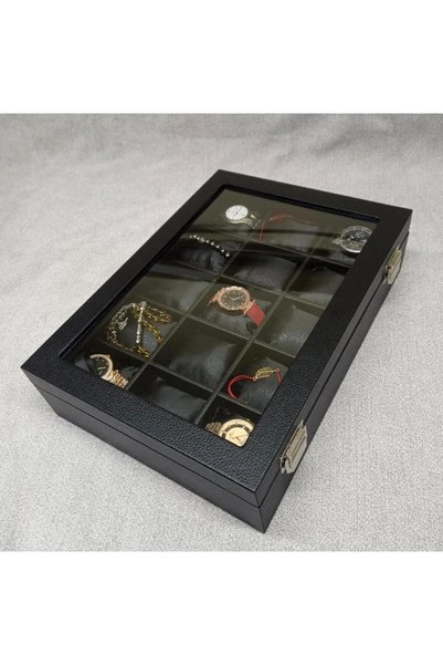 zyc Premium 15-Slot Fully Leather Covered Stylish Design Watch Storage Box with Glass Cover Size (34X24X8)Cm
