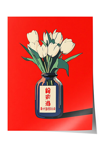 Zestia Poster premium Lalele albe într-o vază cu fundal roșu Decor îndrăzneț ...