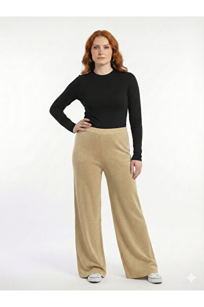 Neden Tekstil Women's Silvery Threadless Thin Ribbed Wide Leg Knitted Trousers
